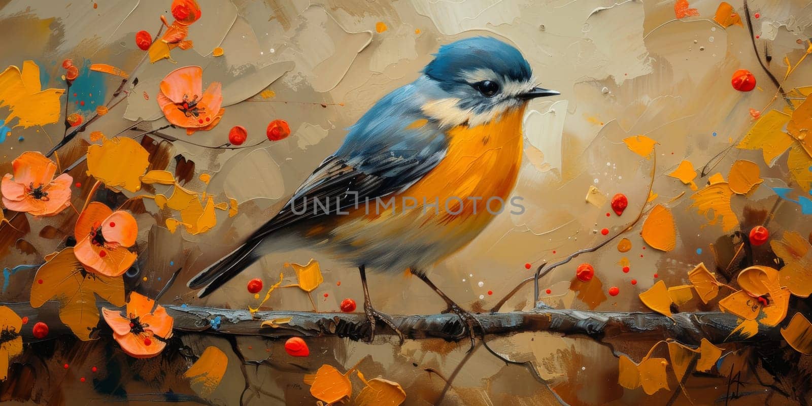 Little beautiful bird with hand draw and paint color background illustration.