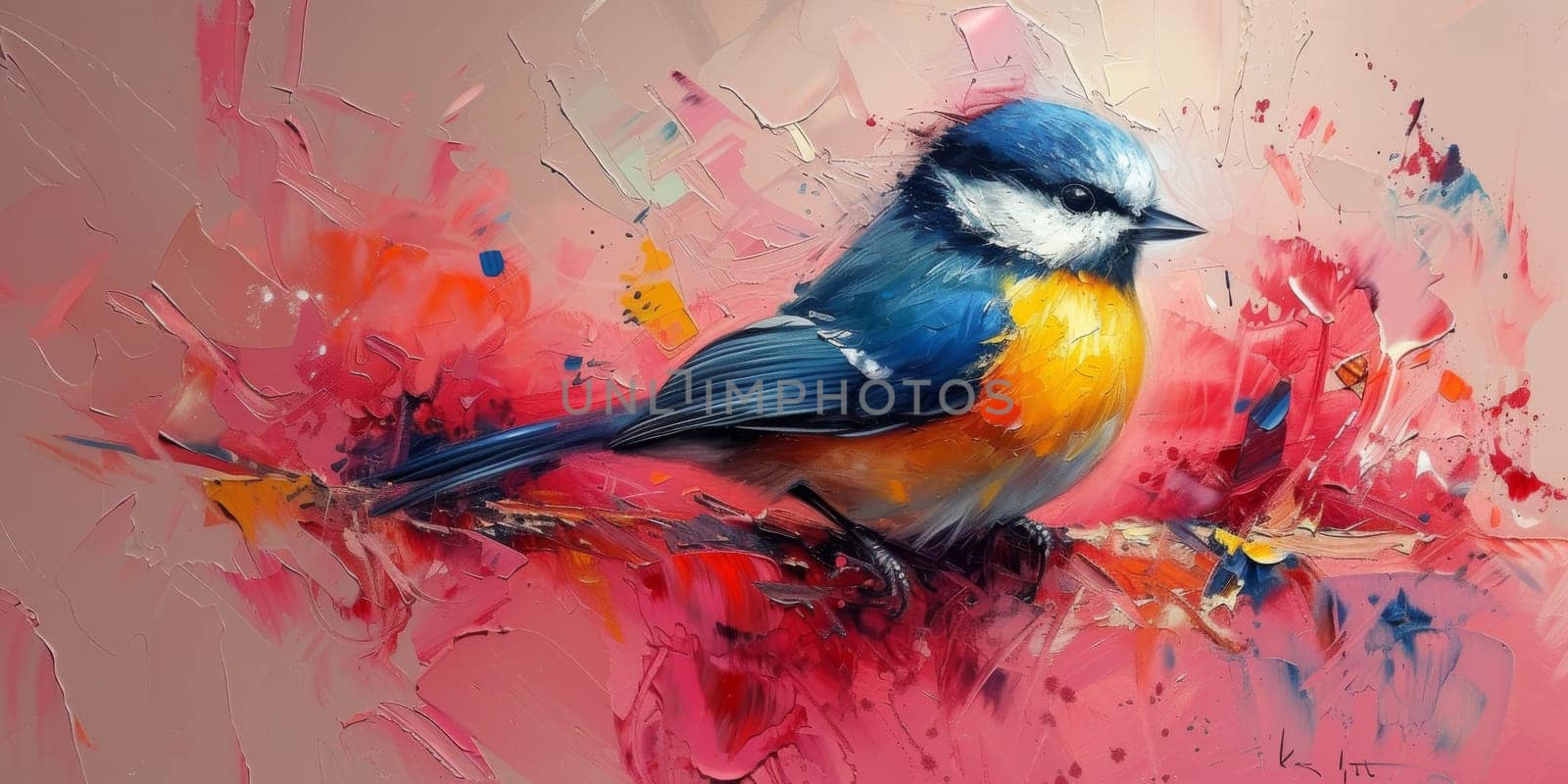 Little beautiful bird with hand draw and paint color background illustration.