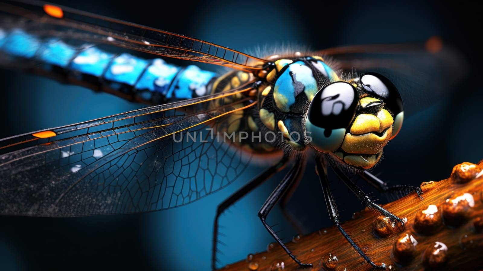 A close up of a dragonfly with blue and yellow eyes