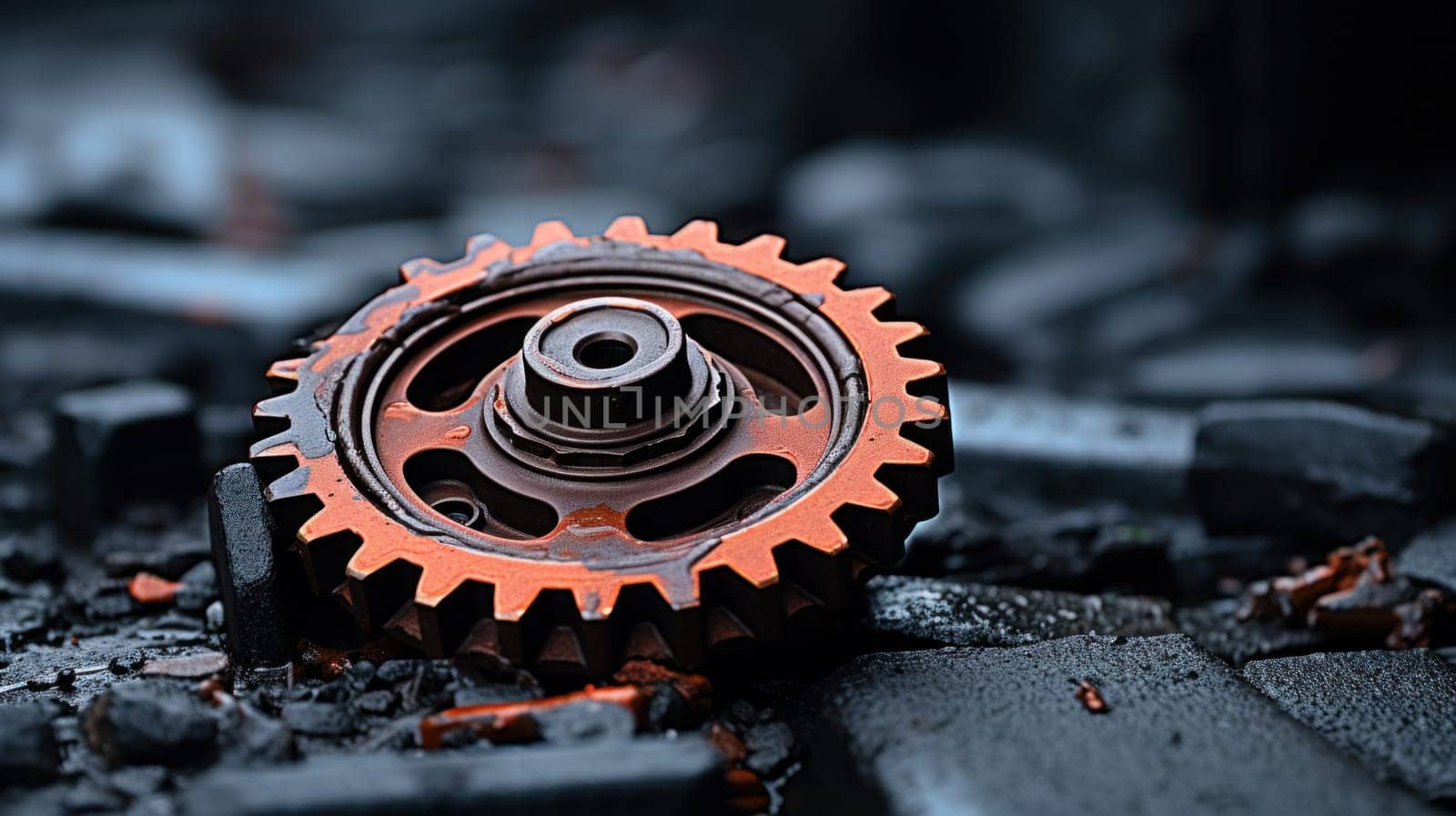 A close up of a gear wheel sitting on top of some rocks