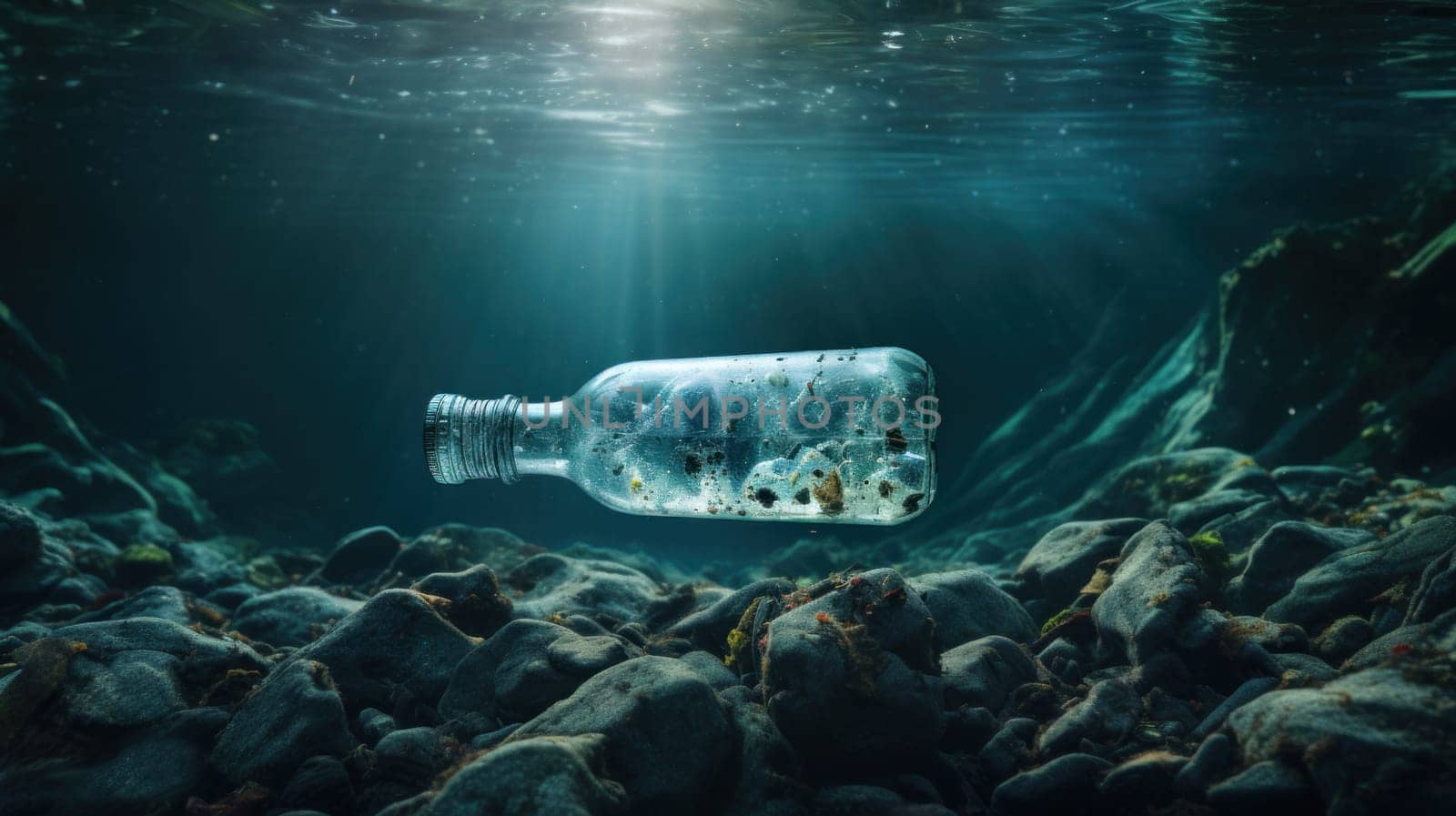 A bottle floating in the water with sunlight shining through