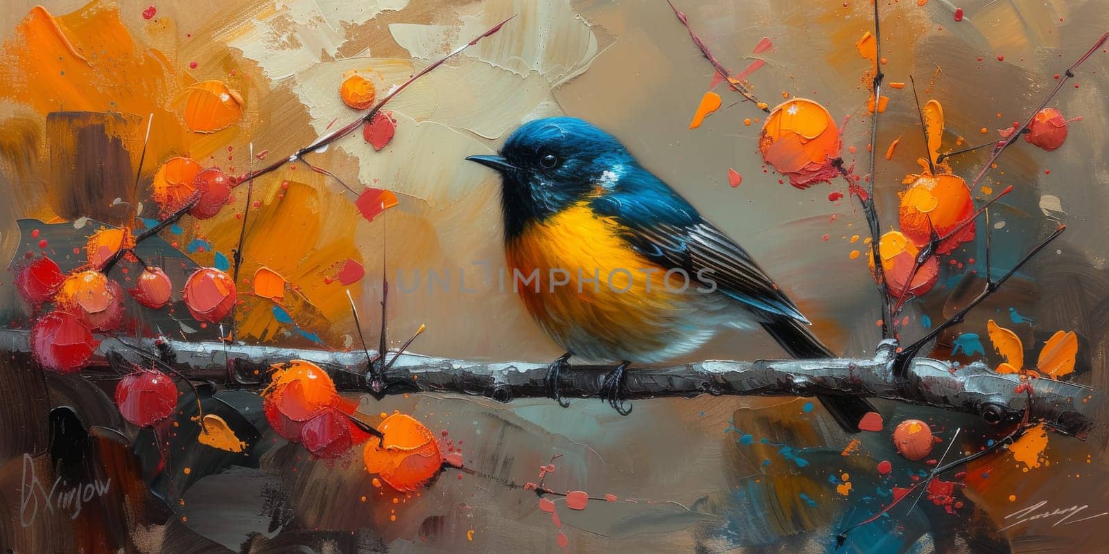 Little beautiful bird with hand draw and paint color background illustration.