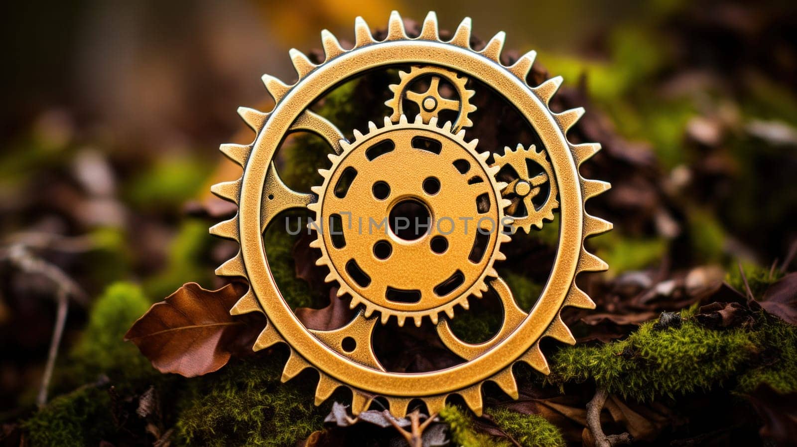 A gold colored gear wheel sitting on top of some moss, AI by starush