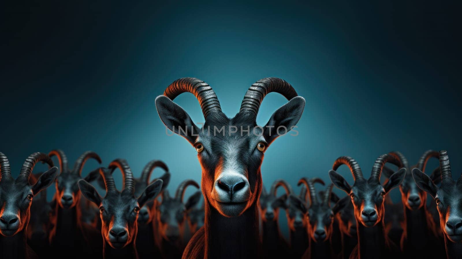 A group of a herd of goats with horns standing in front, AI by starush