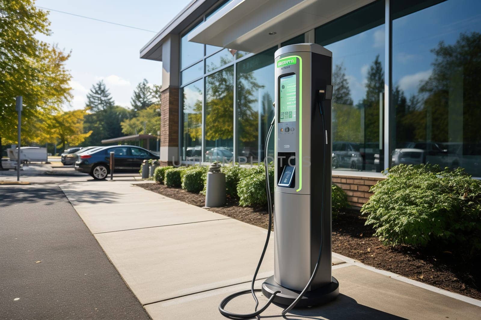 Electric car charging station. Preserving a clean environment. Switching to electric energy.