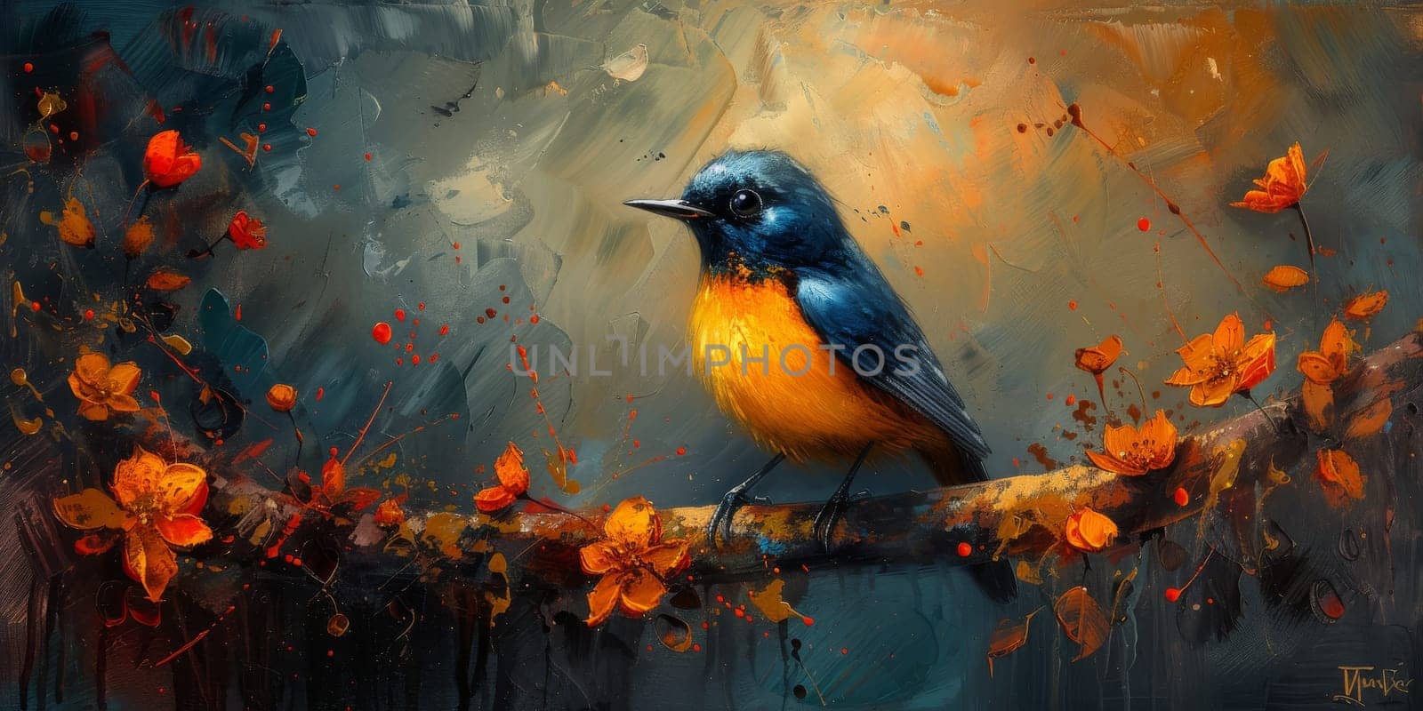 Little beautiful bird with hand draw and paint color background illustration.