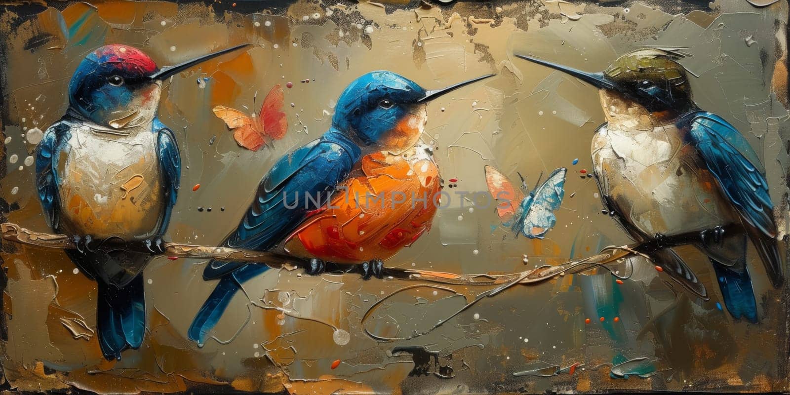 Little beautiful bird with hand draw and paint color background illustration.