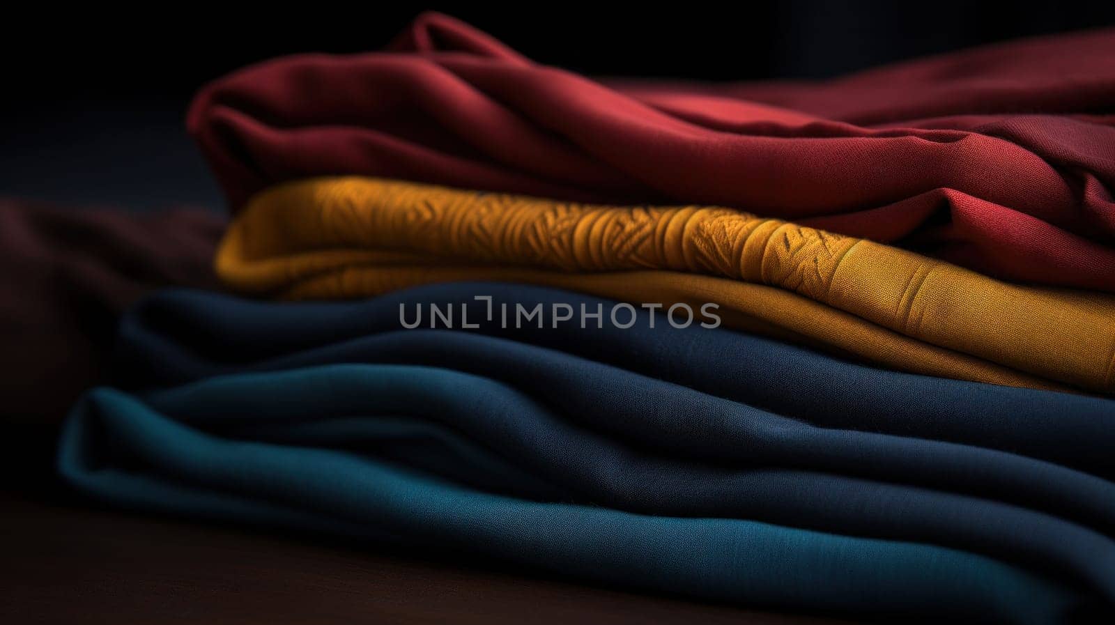 A stack of folded clothes on a table with light shining through
