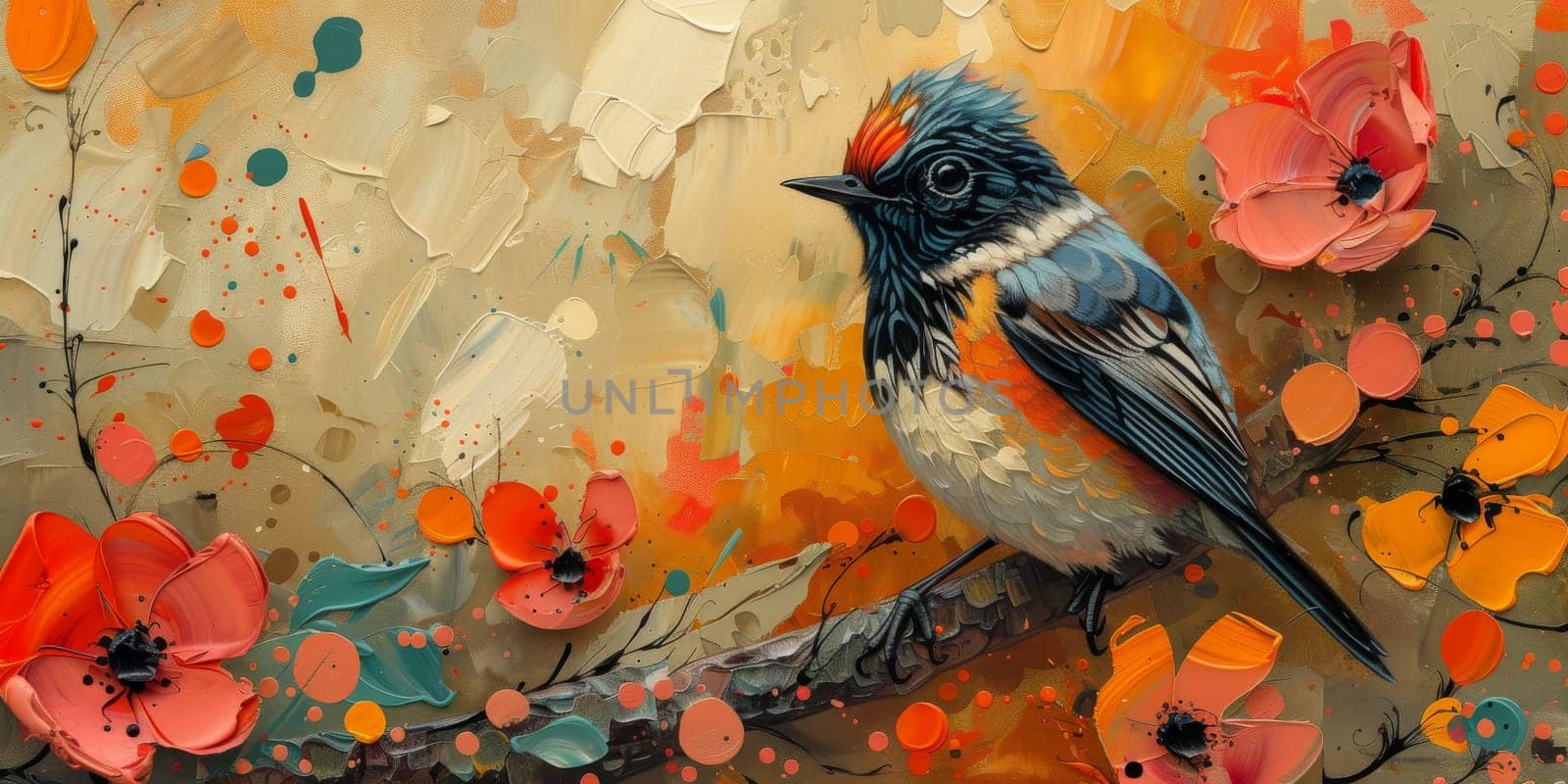 Little beautiful bird with hand draw and paint color background illustration.