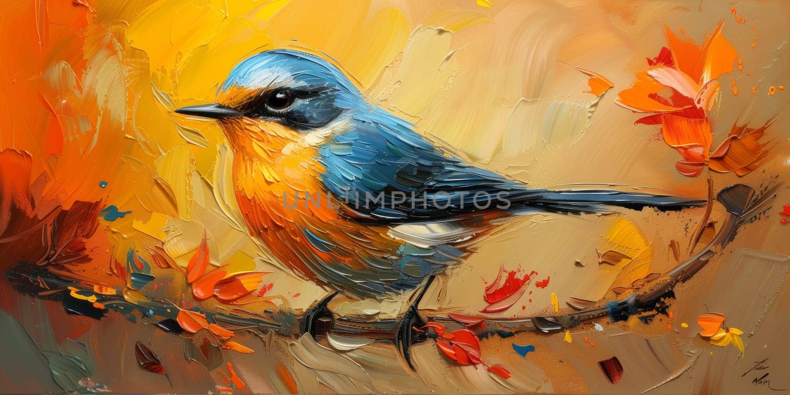 Little beautiful bird with hand draw and paint color background illustration.