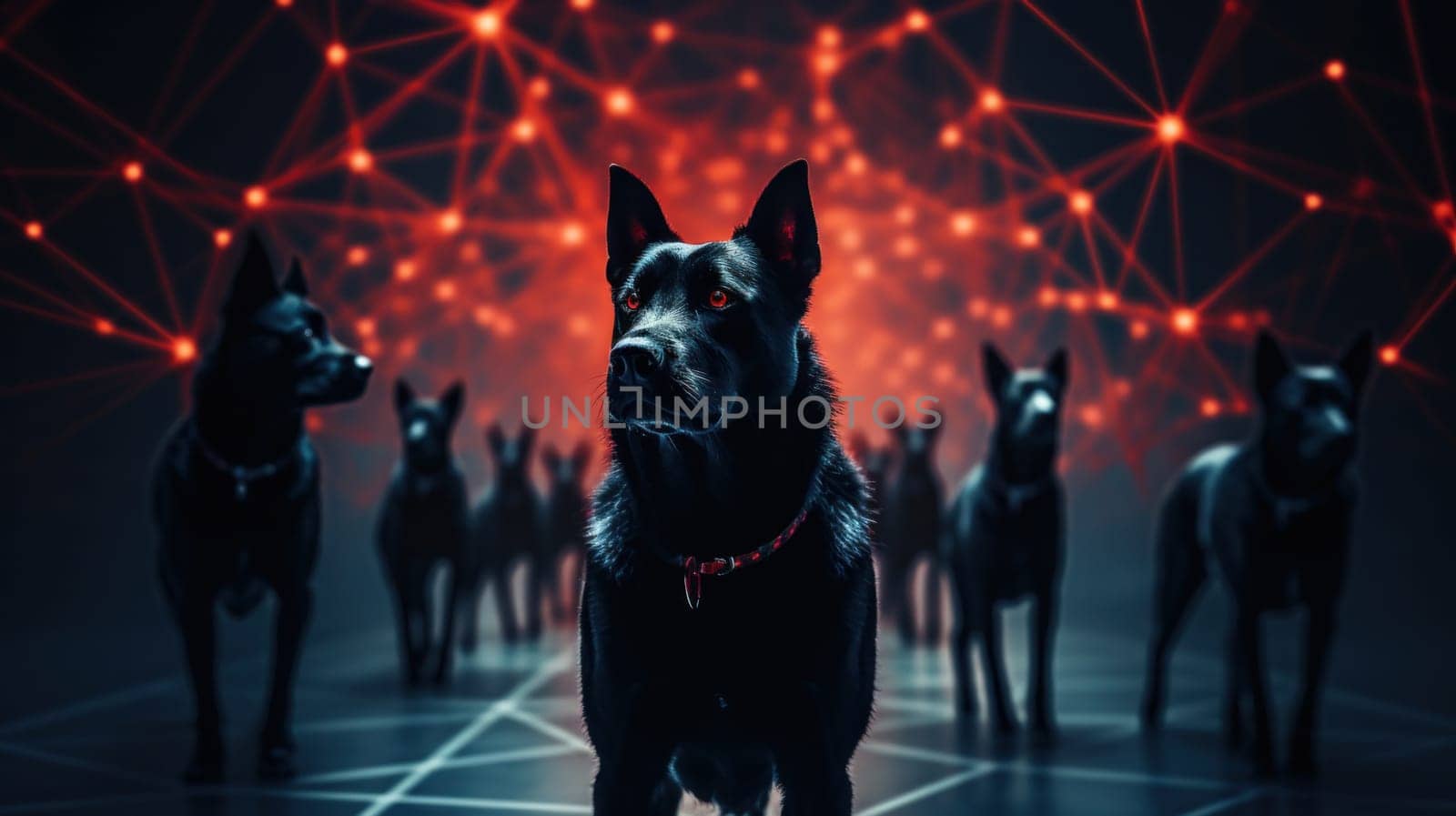 A group of dogs with glowing eyes and red lights around them