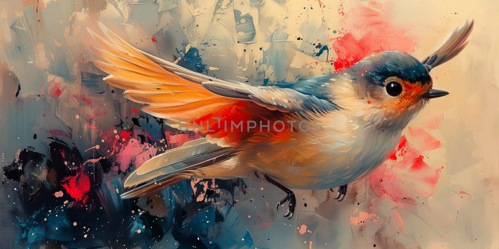 Little beautiful bird with hand draw and paint color background illustration.