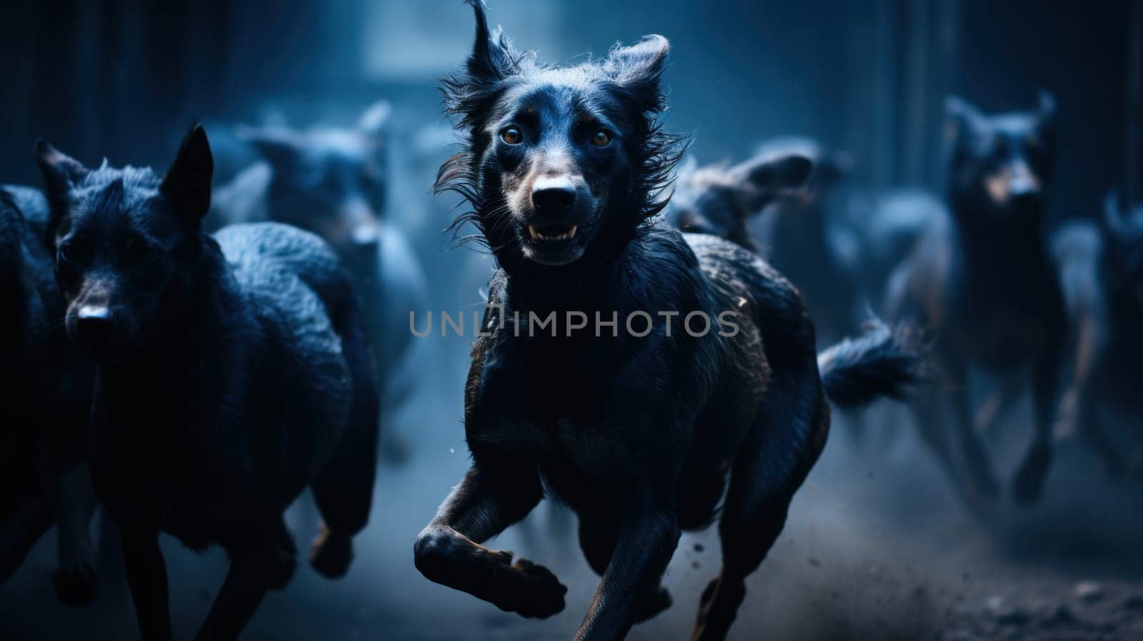 A group of dogs running in a dark room with smoke, AI by starush