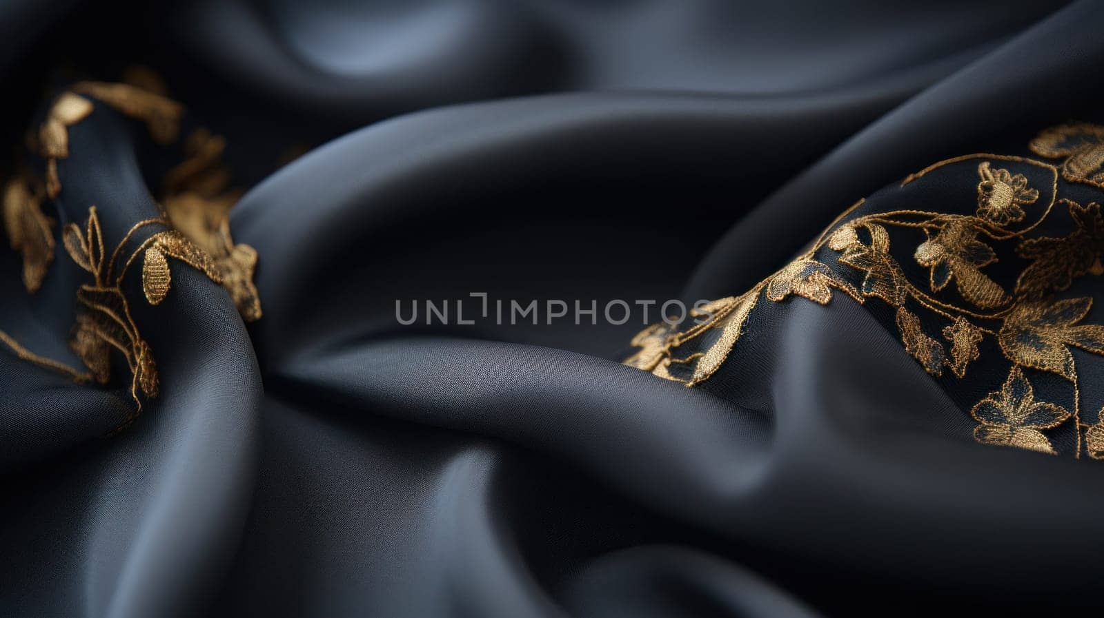 A close up of a black and gold fabric with some leaves