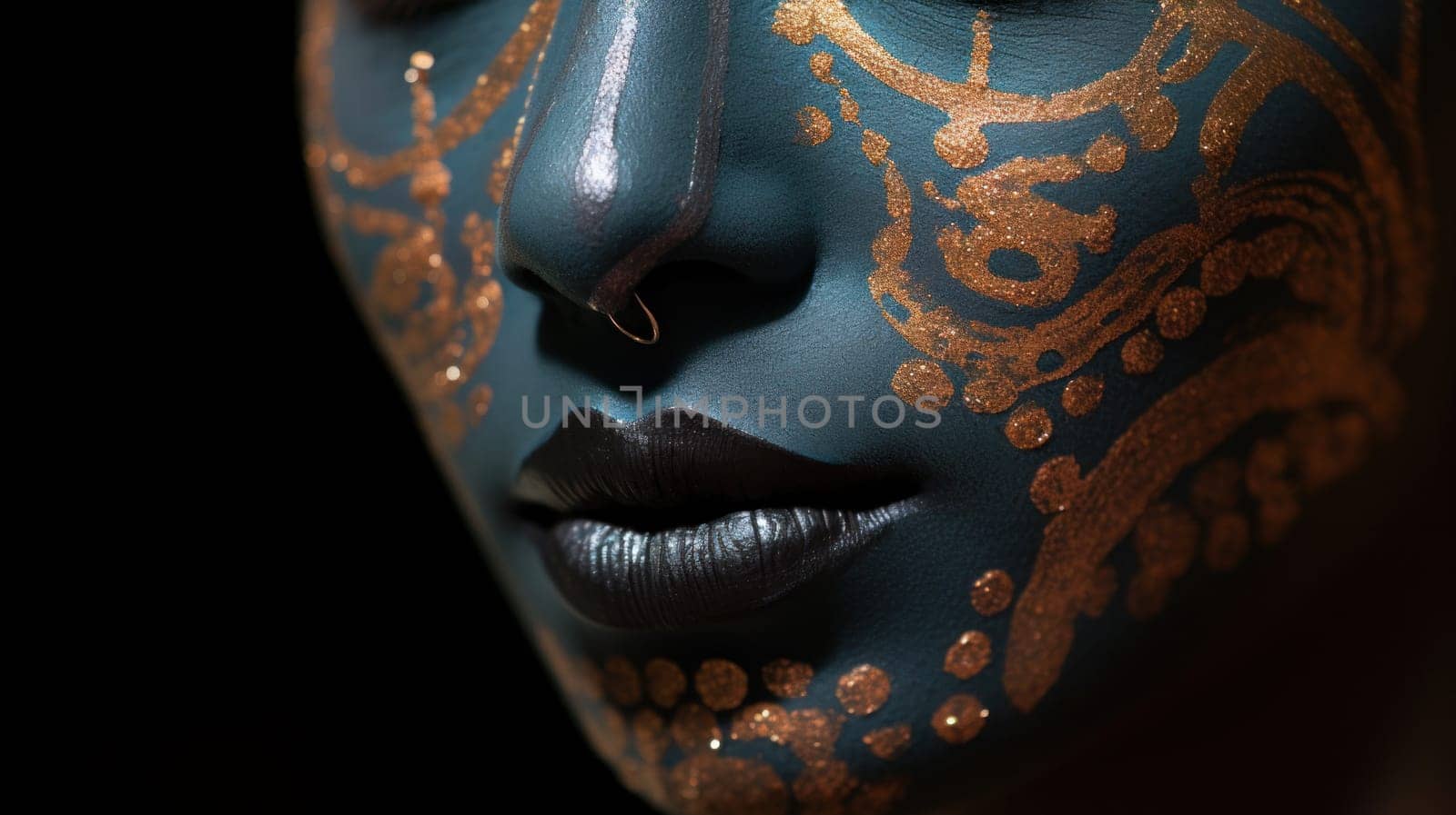 A close up of a face painted with blue and gold