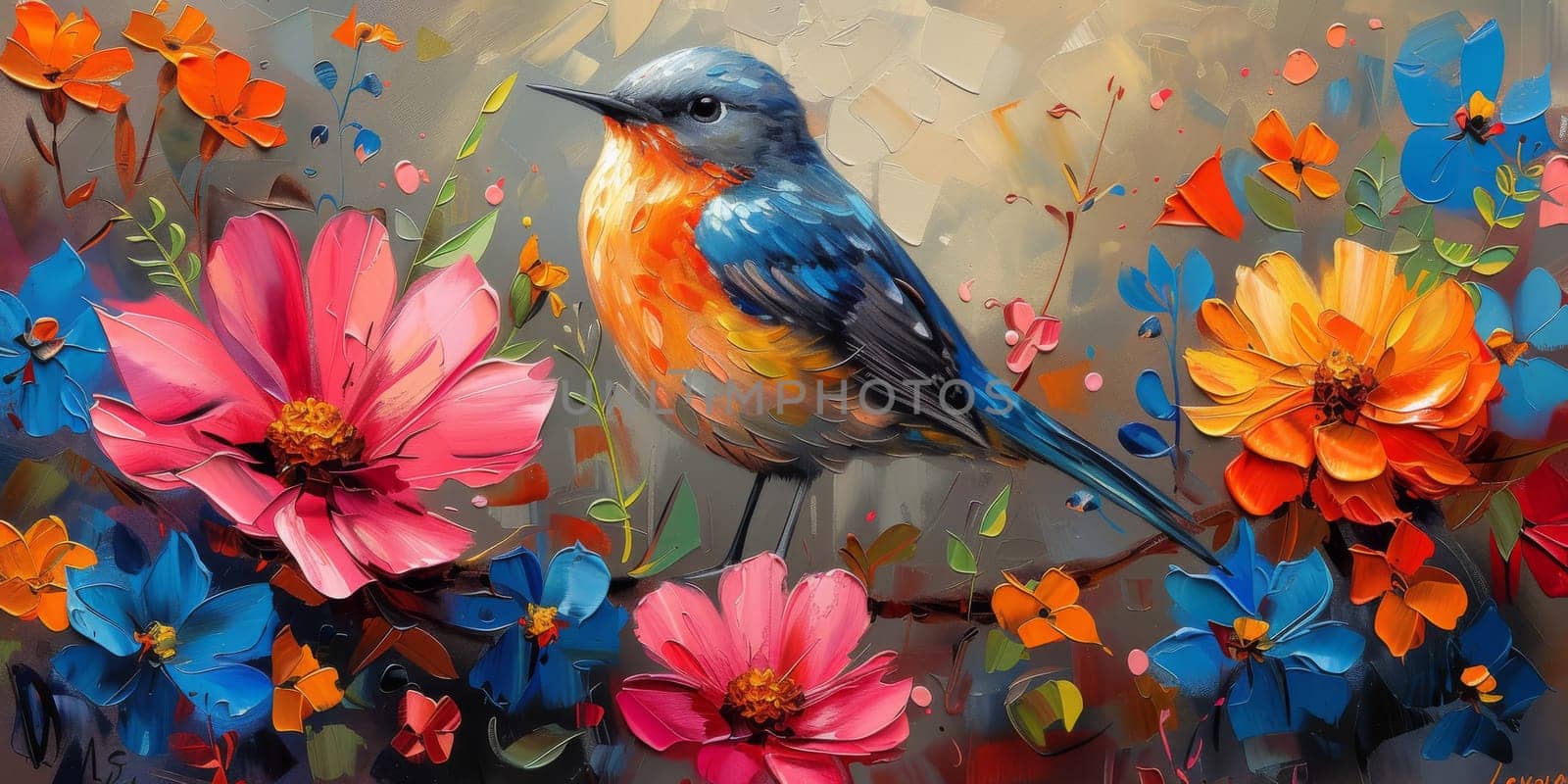 Little beautiful bird with hand draw and paint color background illustration.