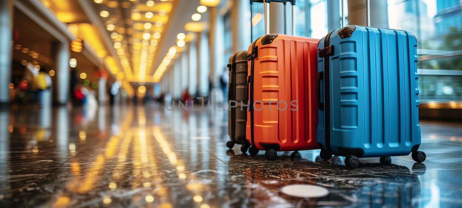 Suitcases at the airport. Travel and vacation theme background. Travel banner by NataliPopova
