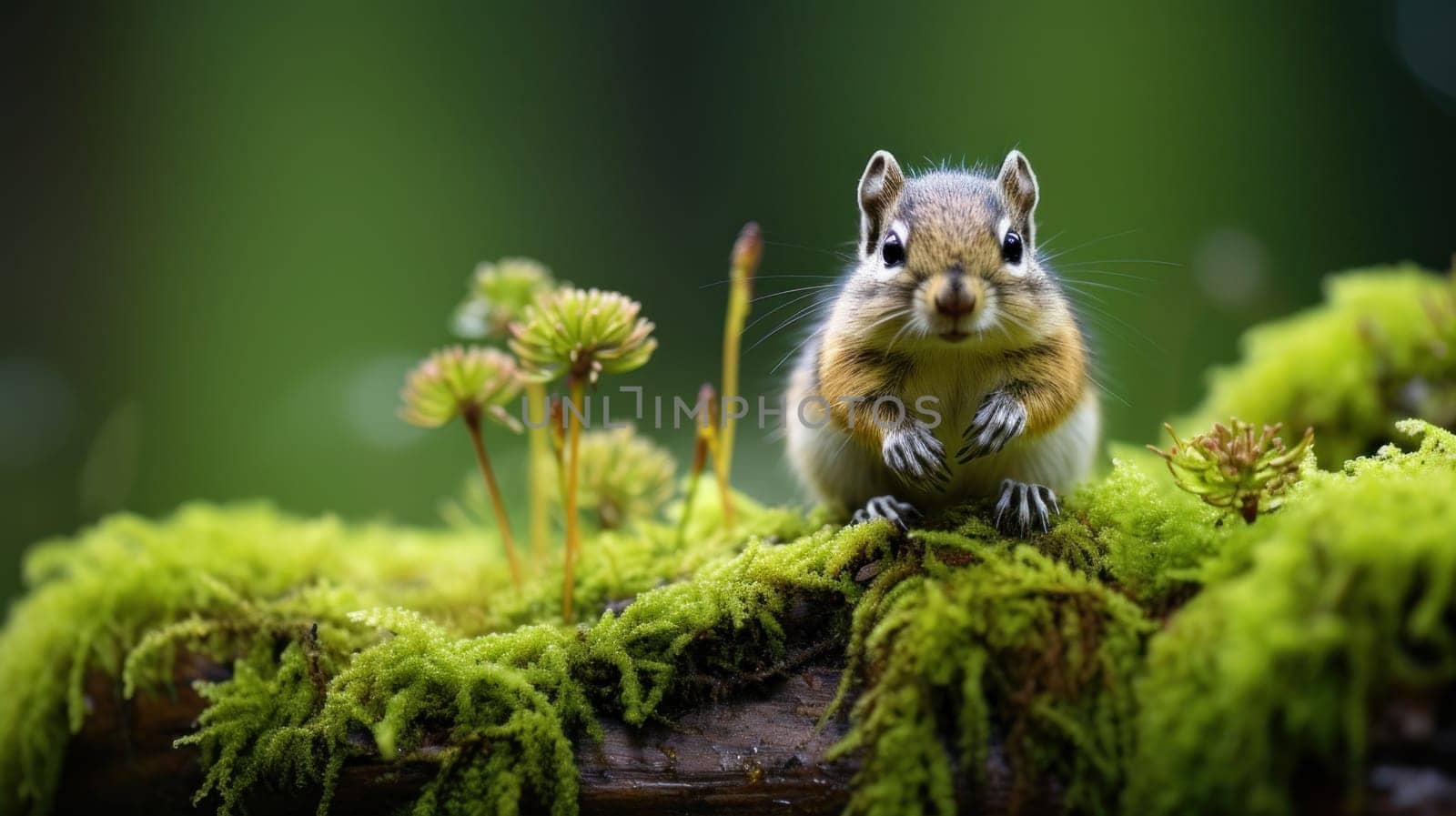 A small rodent sitting on top of a moss covered log