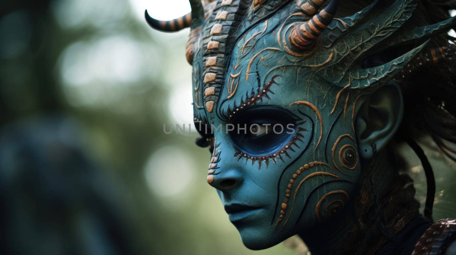 A close up of a woman with blue painted face and horns