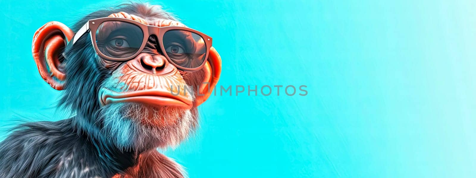 A chimpanzee with water goggles on an azure backdrop, copy space by Edophoto
