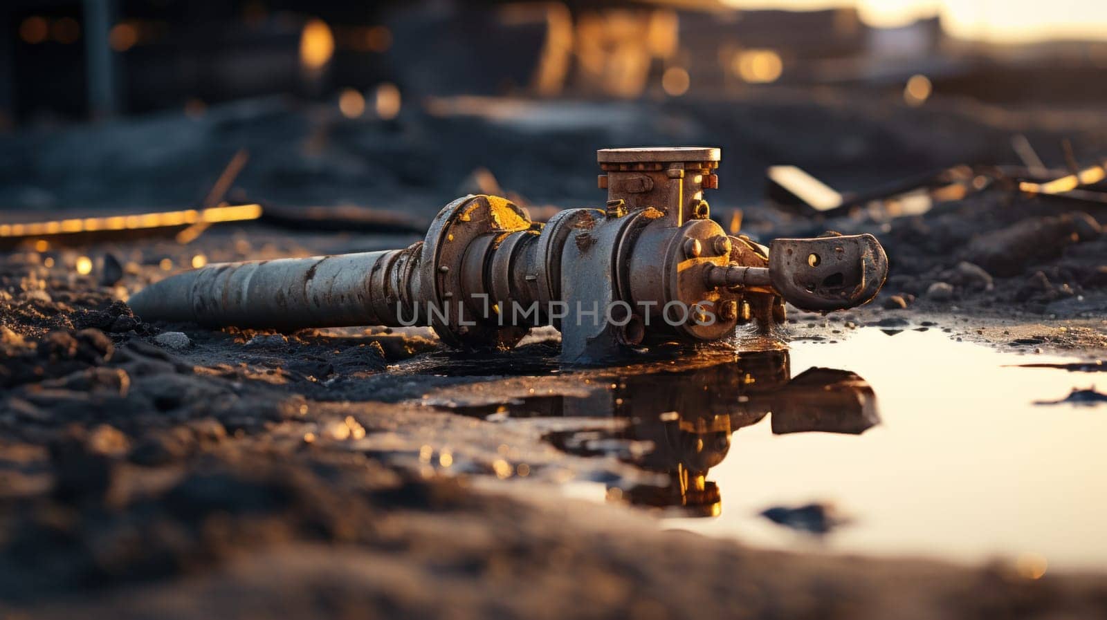 A broken water pipe laying in the dirt with a reflection of it, AI by starush