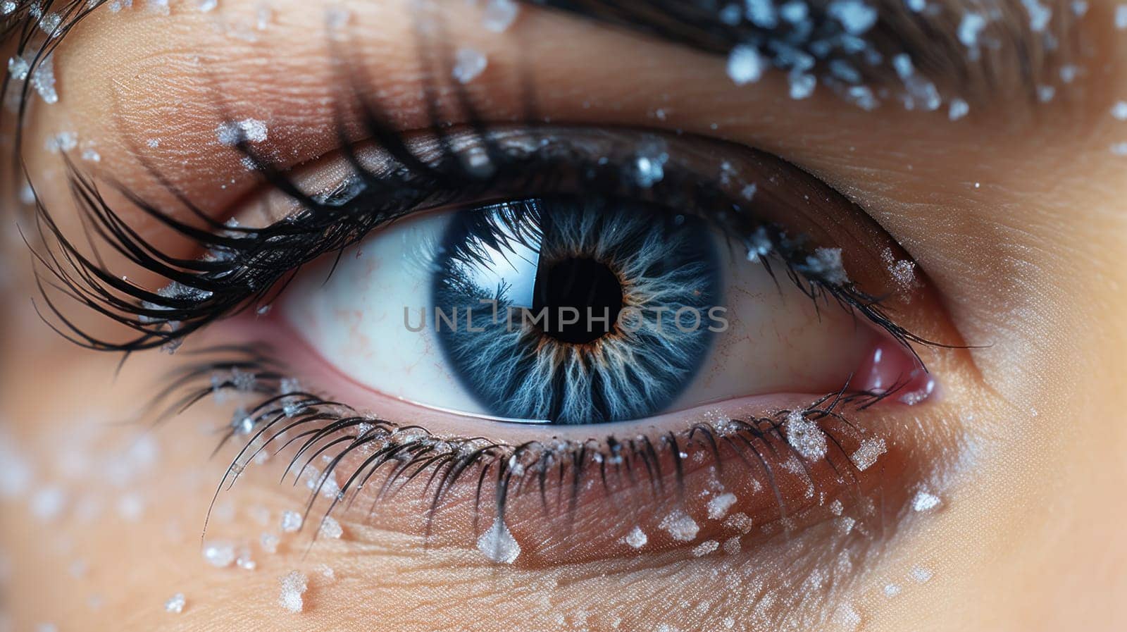 A close up of a woman's eye with snow on it