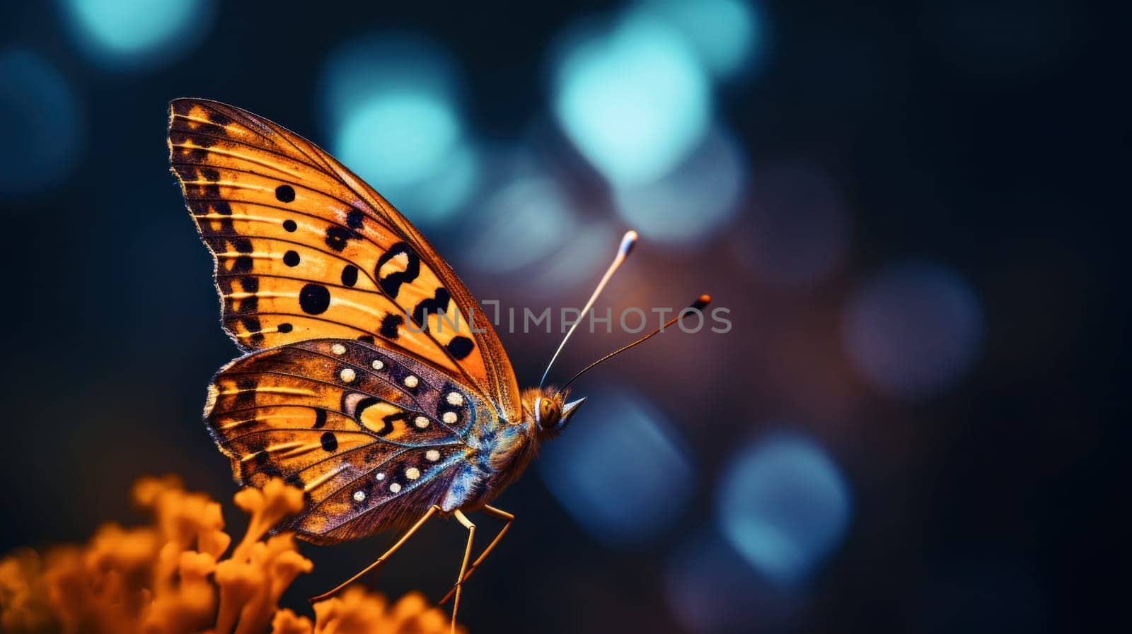 A butterfly sitting on a flower with blurry background, AI by starush