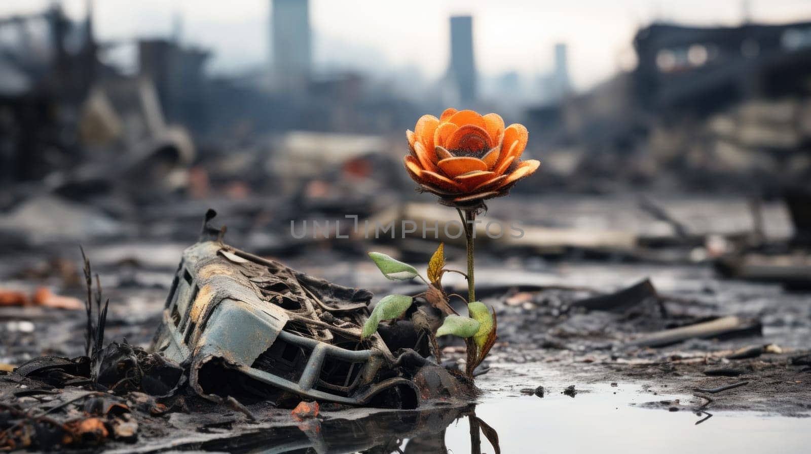 A flower is growing out of a car that has been destroyed