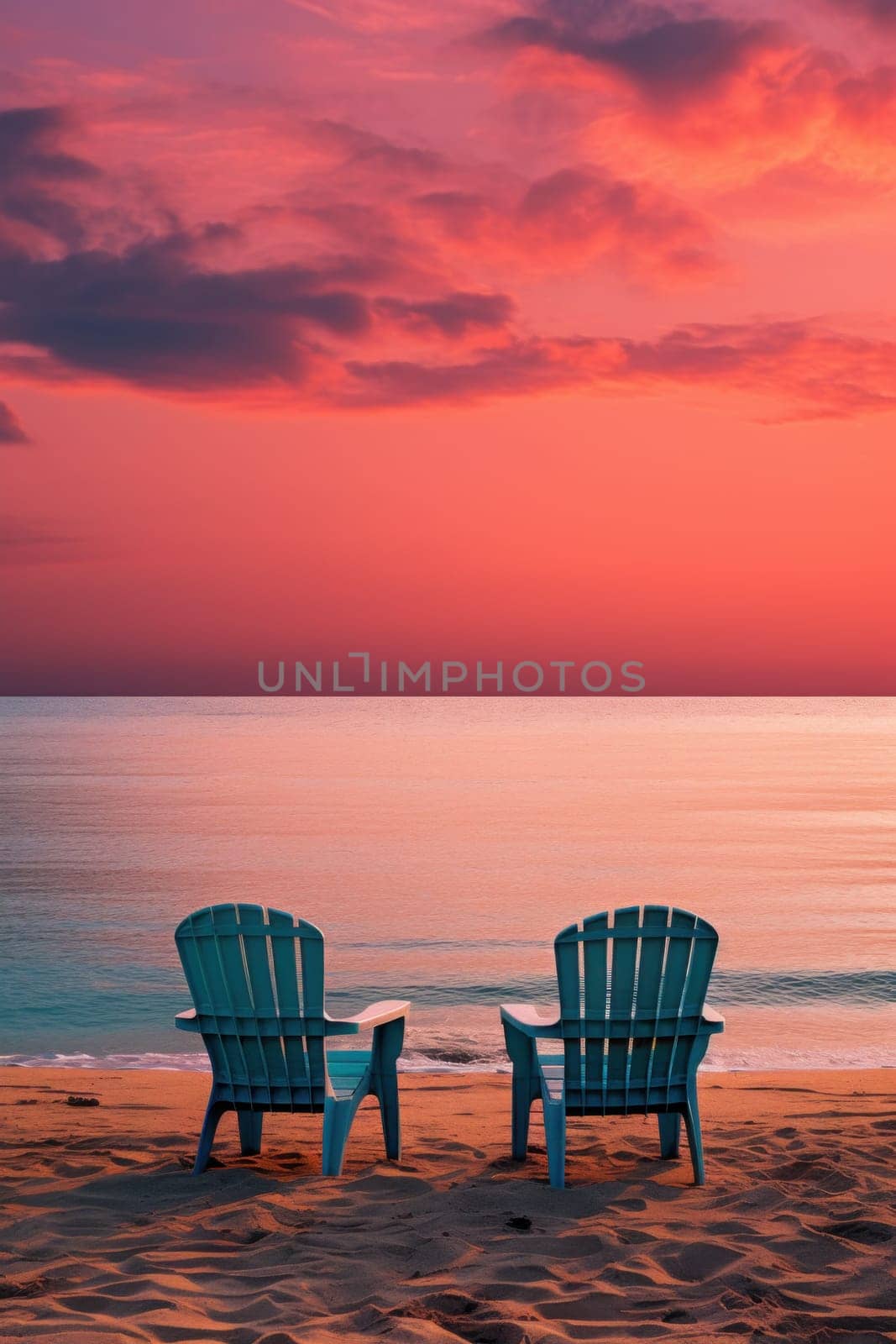 Two chairs on the beach at sunset with a beautiful view, AI by starush
