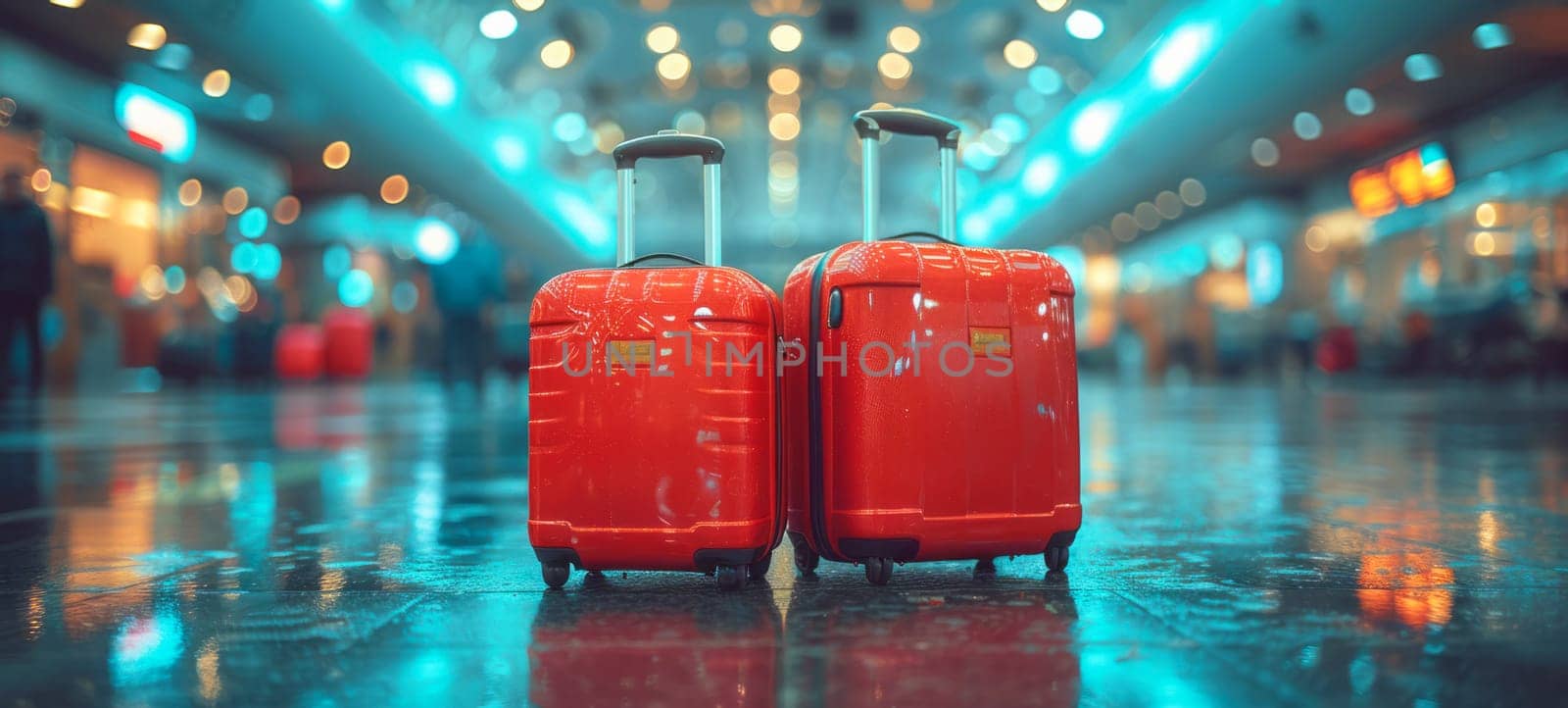 Red suitcase in an empty train station. Travel and vacation theme background. Travel banne.