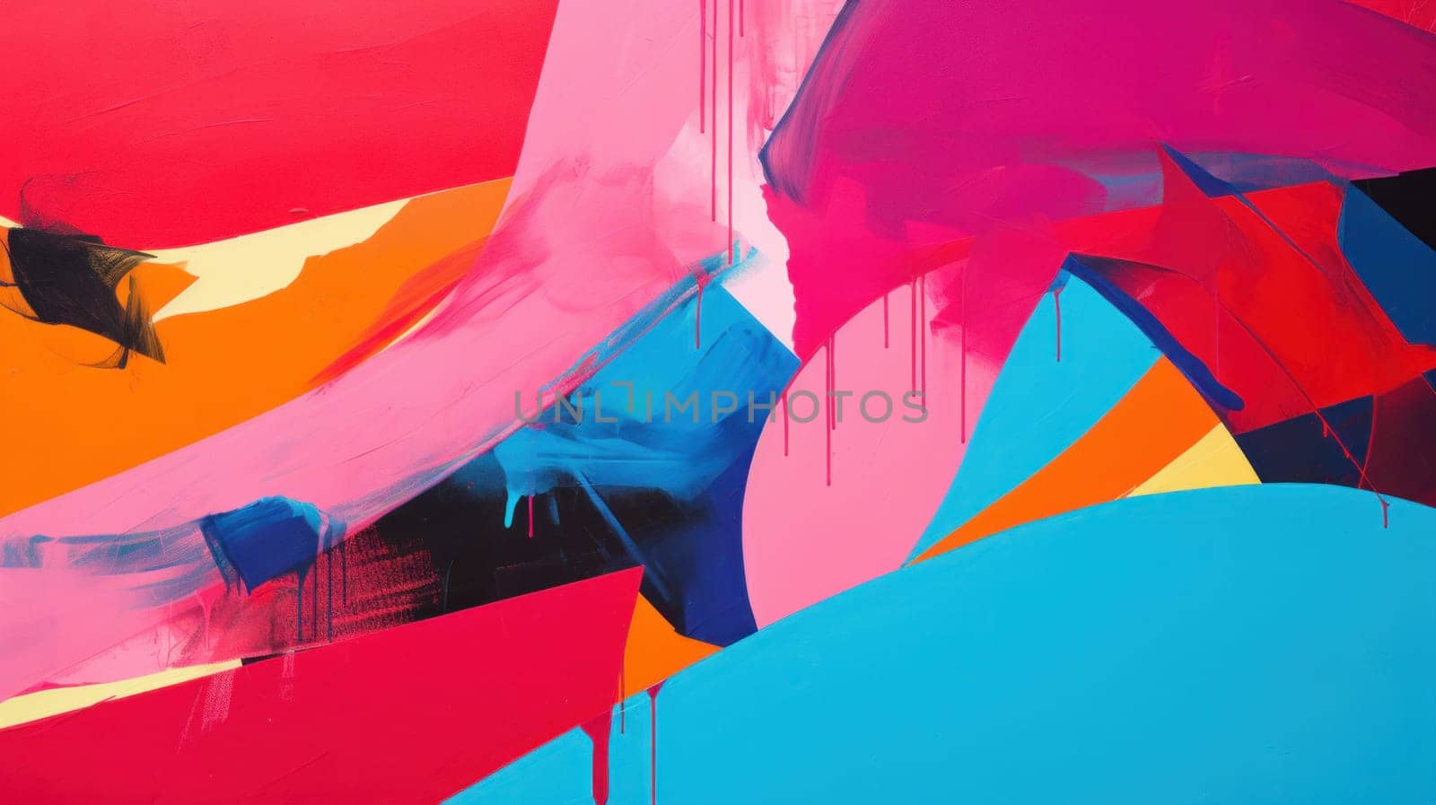 A colorful abstract painting with bright colors and a blue background