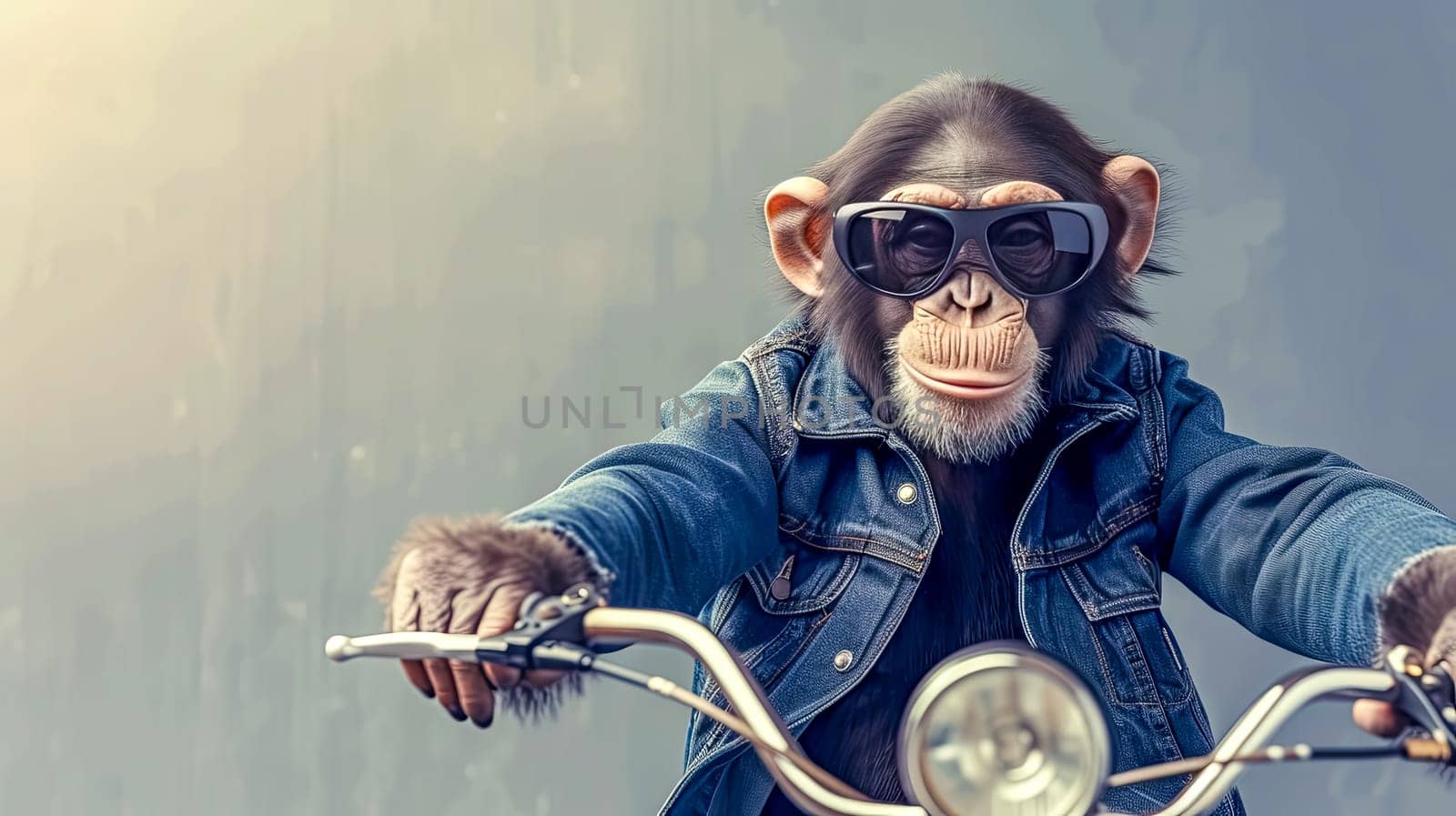 a chimpanzee wearing a denim jacket and goggles is riding a motorcycle, copy space by Edophoto