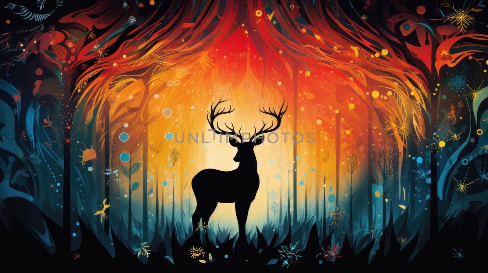 A deer in a forest with colorful trees and flowers, AI by starush