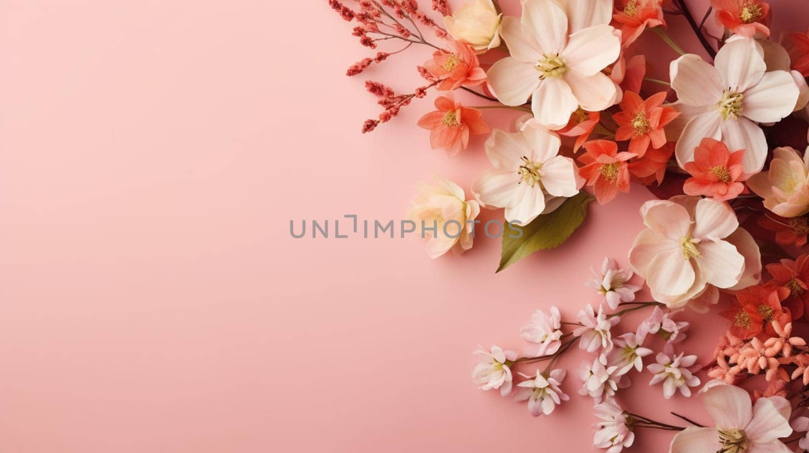 Elegant spring flowers arranged in the corner against a soft pink background, with a mix of pink and white blossoms creating a tranquil mood by kizuneko