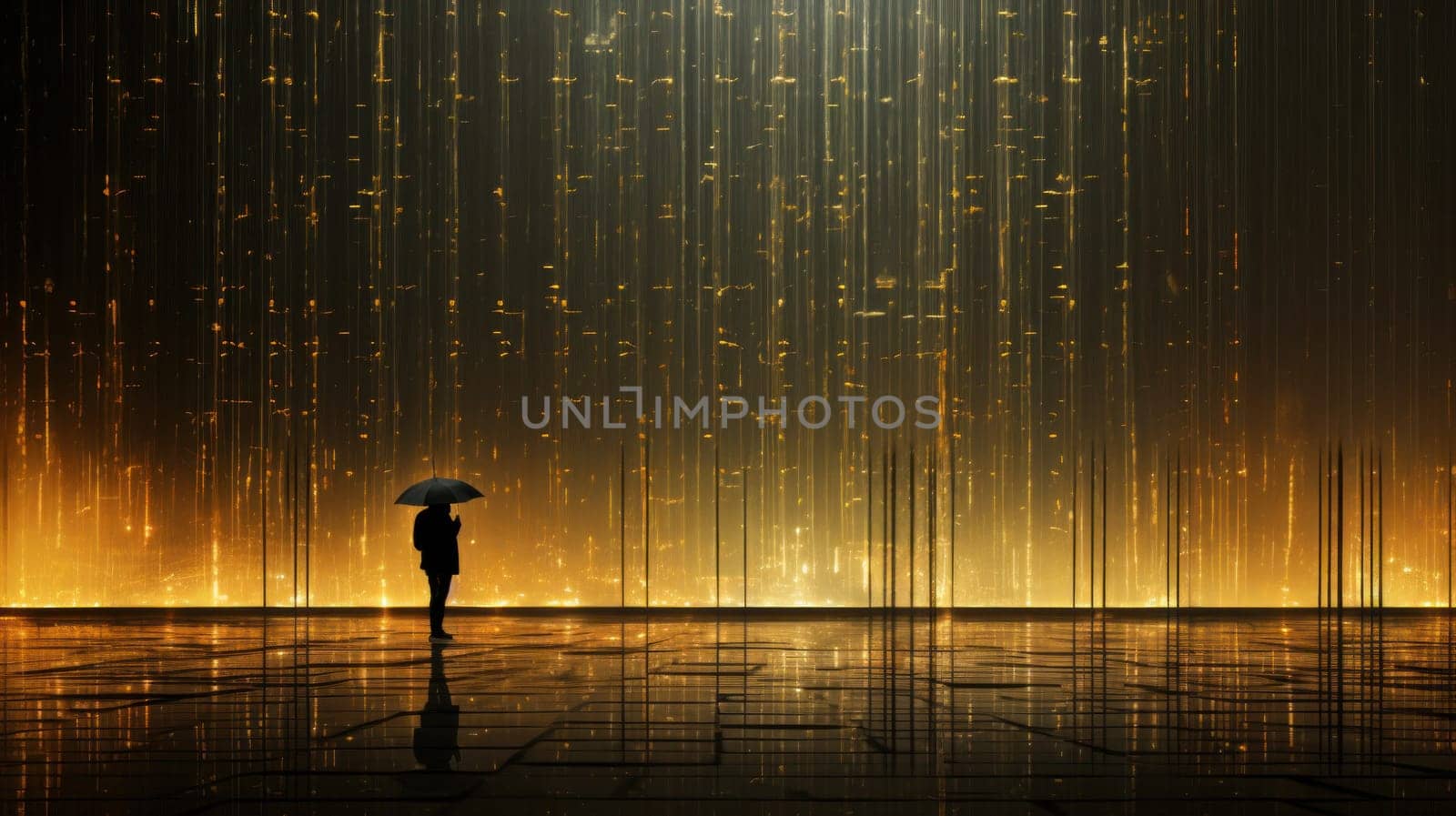 A person standing in the rain holding an umbrella