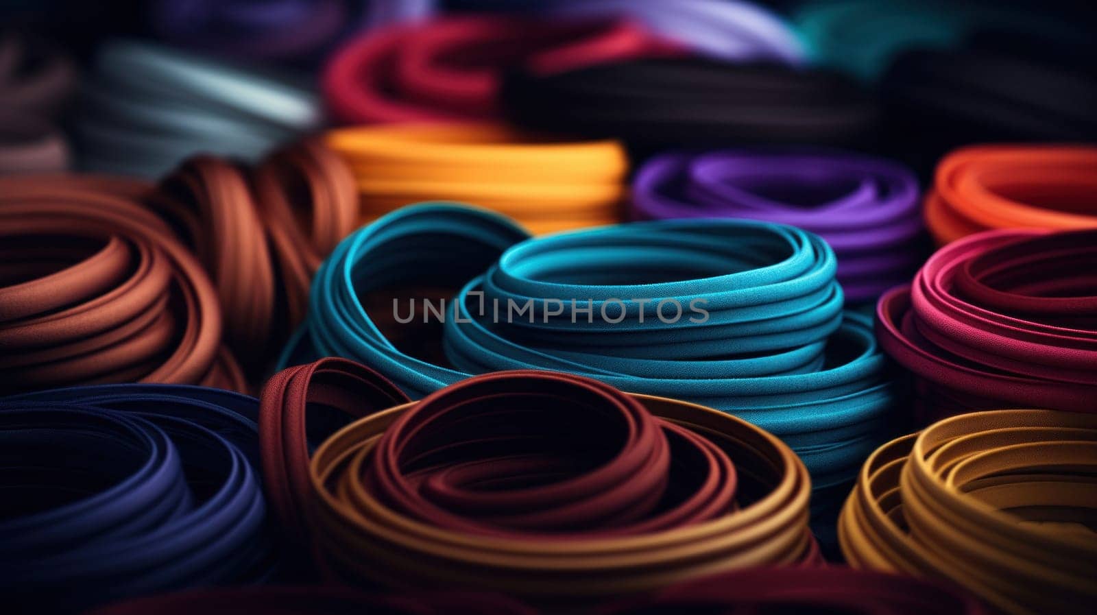 A pile of colorful rubber bands are stacked together