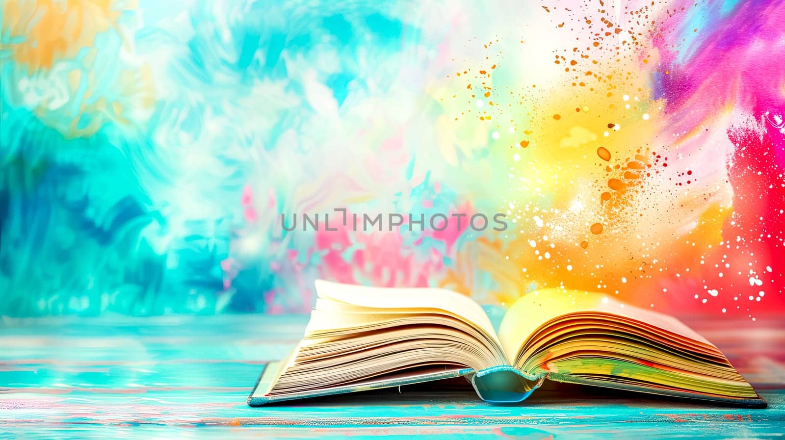 an open book on a wooden table with a colorful background, copy space by Edophoto