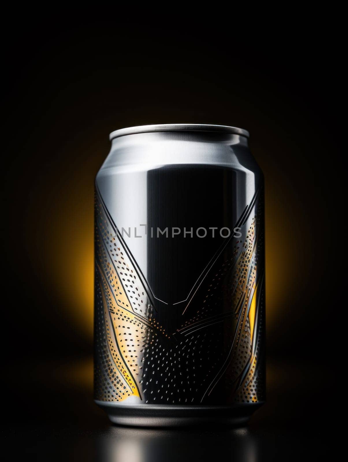 A can of a silver and gold metal can sitting on top of some black, AI by starush