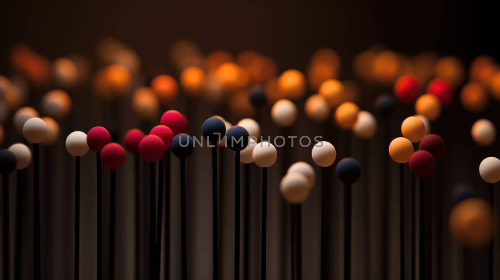 A bunch of colorful balls are on sticks in a dark room