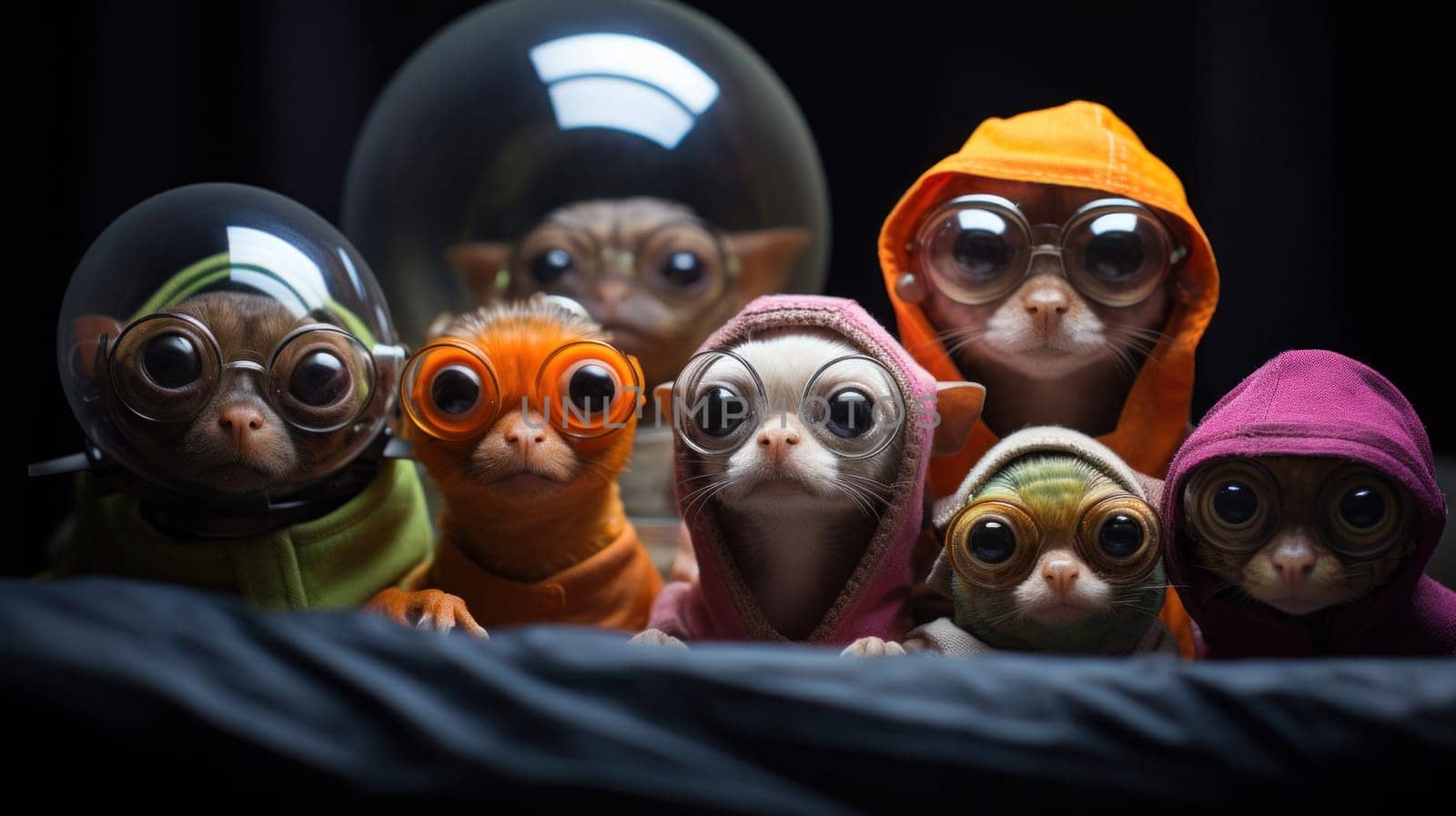 A group of small animals wearing hoods and goggles are sitting together