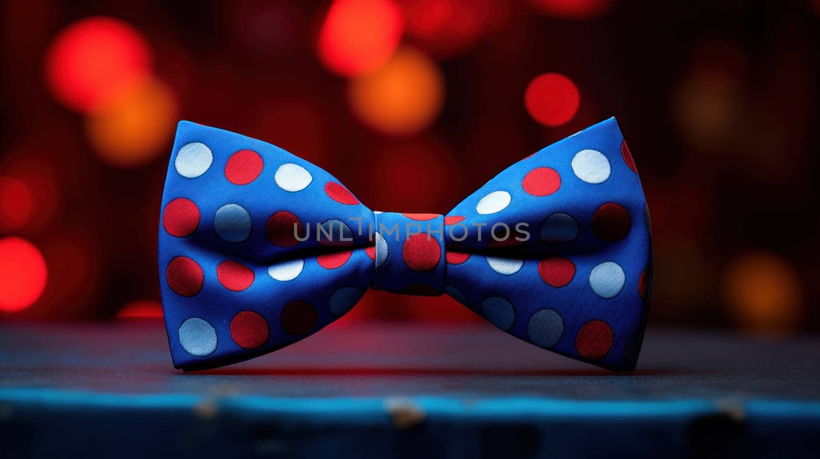 A blue bow tie with red and white polka dots on it