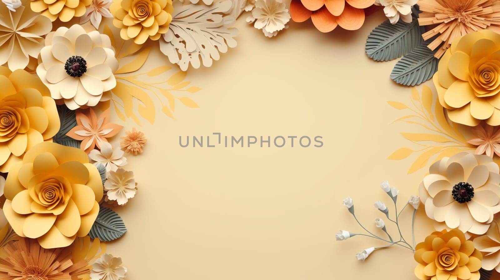 An array of intricate paper flowers in shades of yellow, orange, and white, beautifully arranged on a bright yellow background, showcasing a stunning variety of blooms and foliage by kizuneko