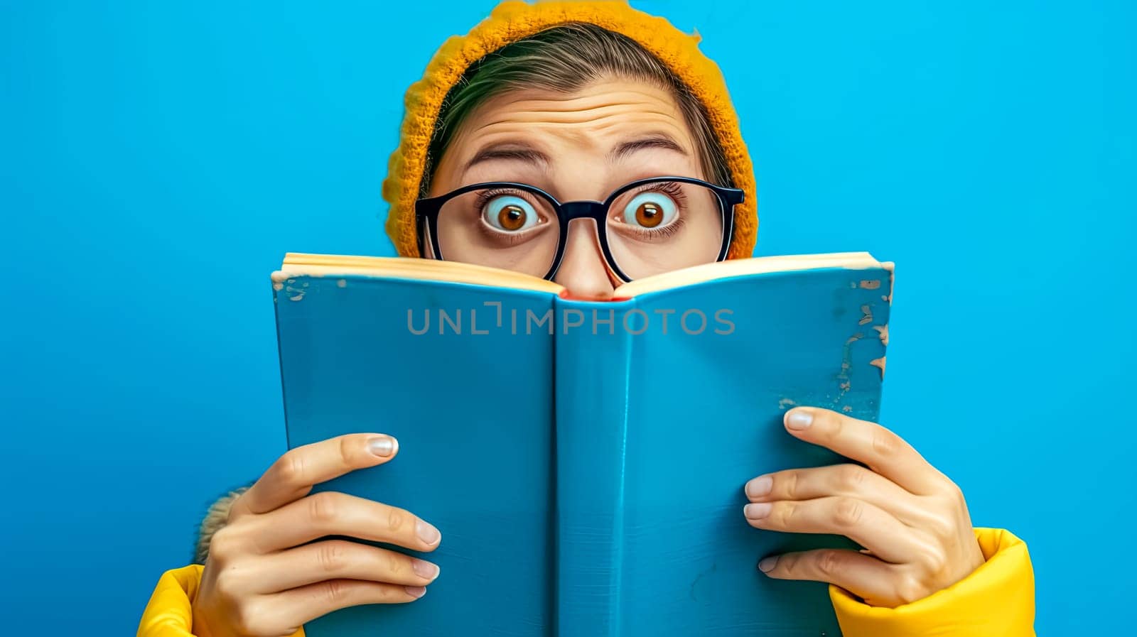 Vision care woman in yellow hat and glasses reading blue book by Edophoto