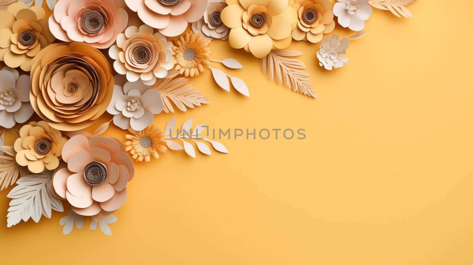 An array of intricate paper flowers in shades of yellow, orange, and white, beautifully arranged on a bright yellow background, showcasing a stunning variety of blooms and foliage by kizuneko