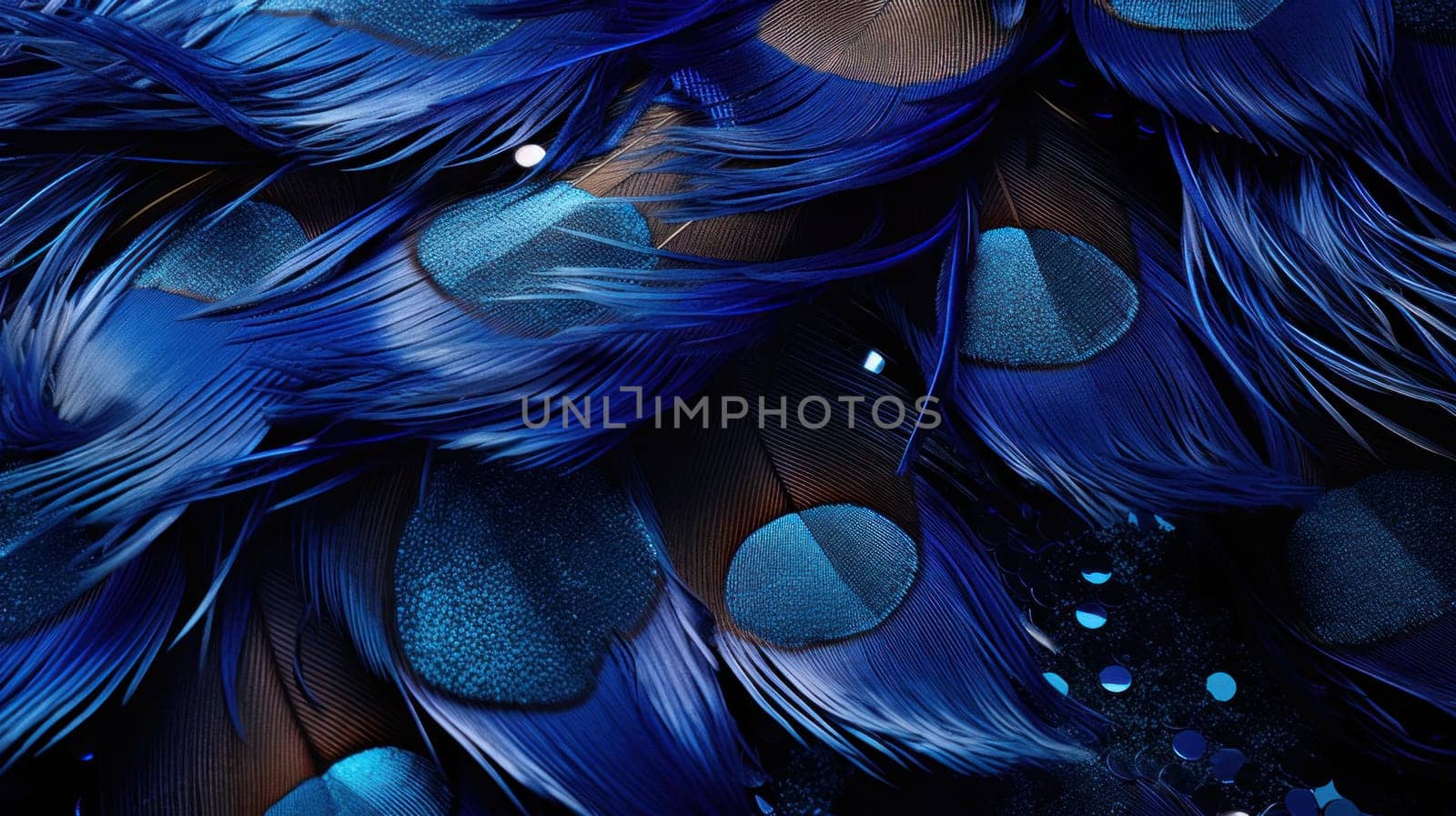 A close up of a blue and black feathery display, AI by starush