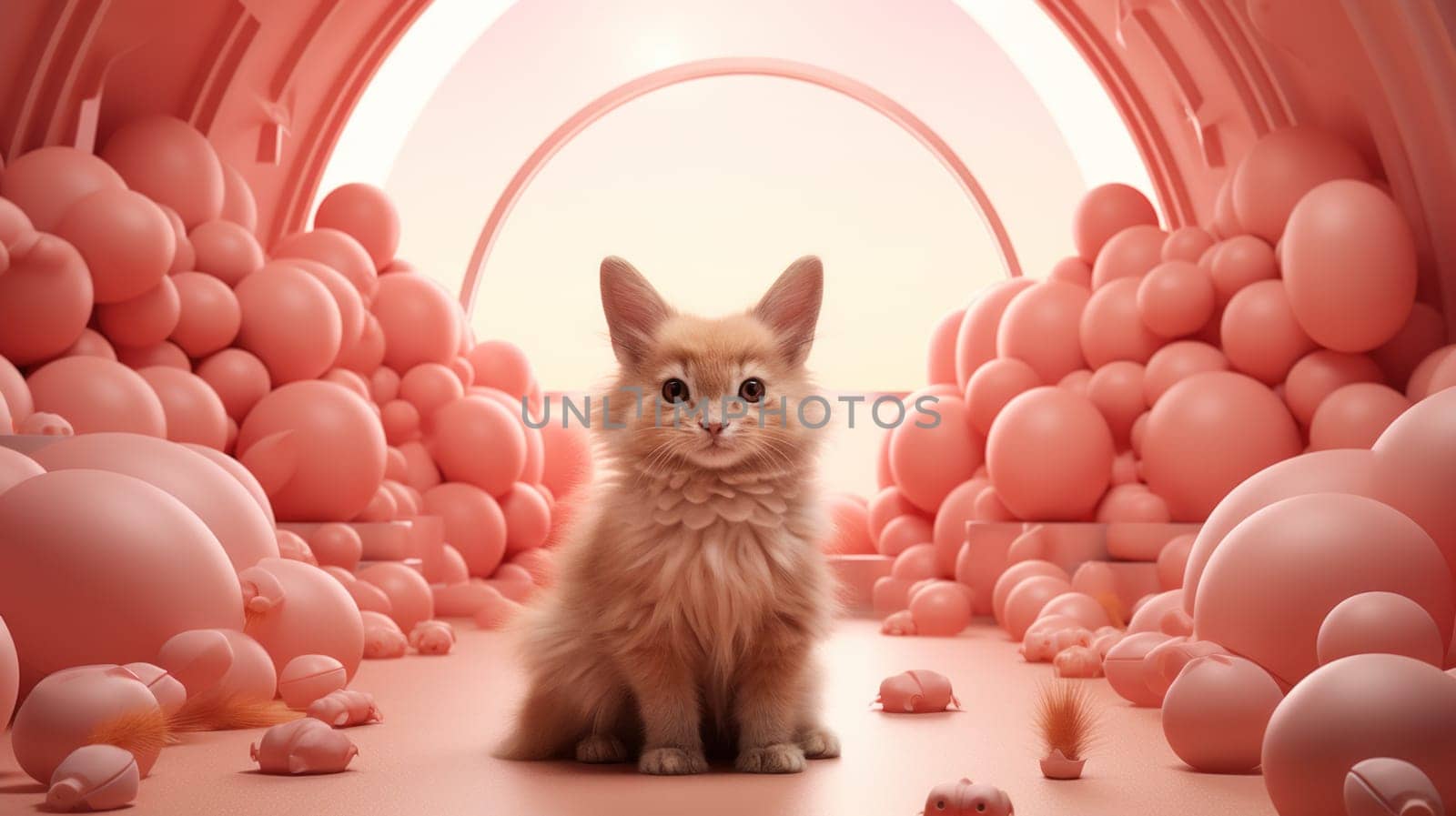 A cat sitting in a room full of pink balls and other objects, AI by starush