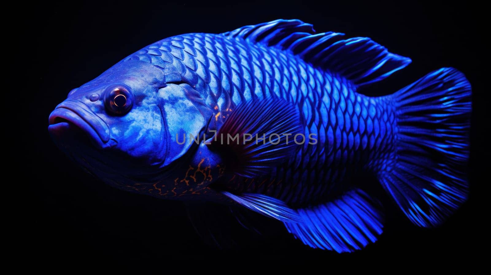 A blue fish with a black background in the dark, AI by starush