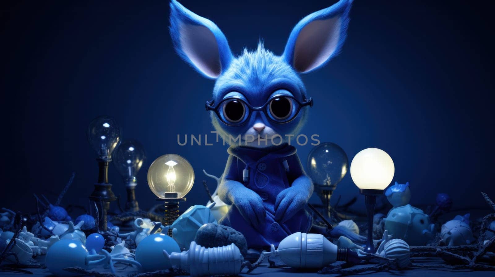 A blue rabbit with glasses sitting in a dark room surrounded by light bulbs