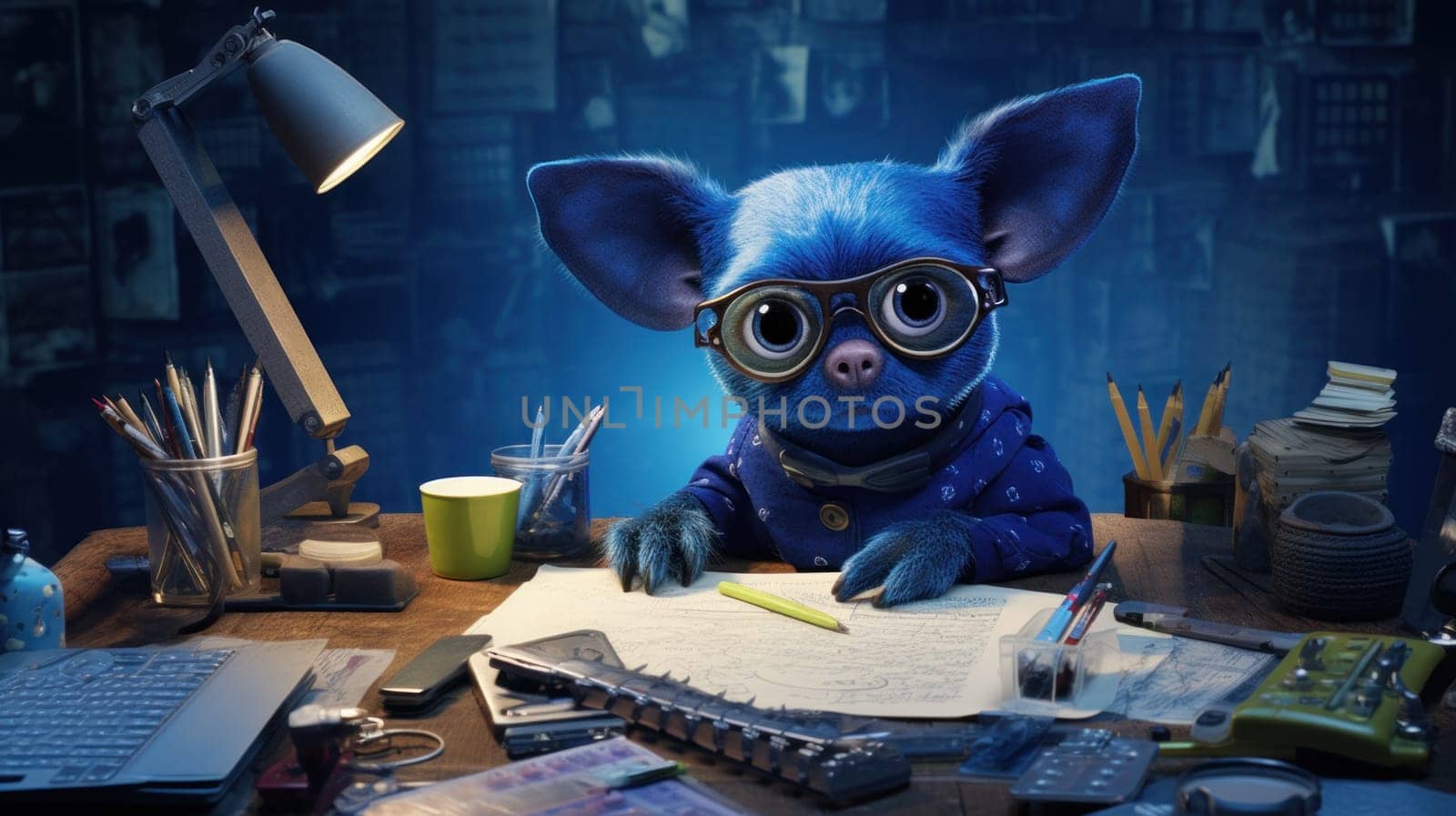 A blue dog with glasses sitting at a desk writing