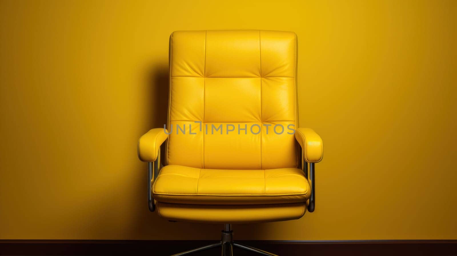 A yellow leather office chair against a wall in front of an empty room